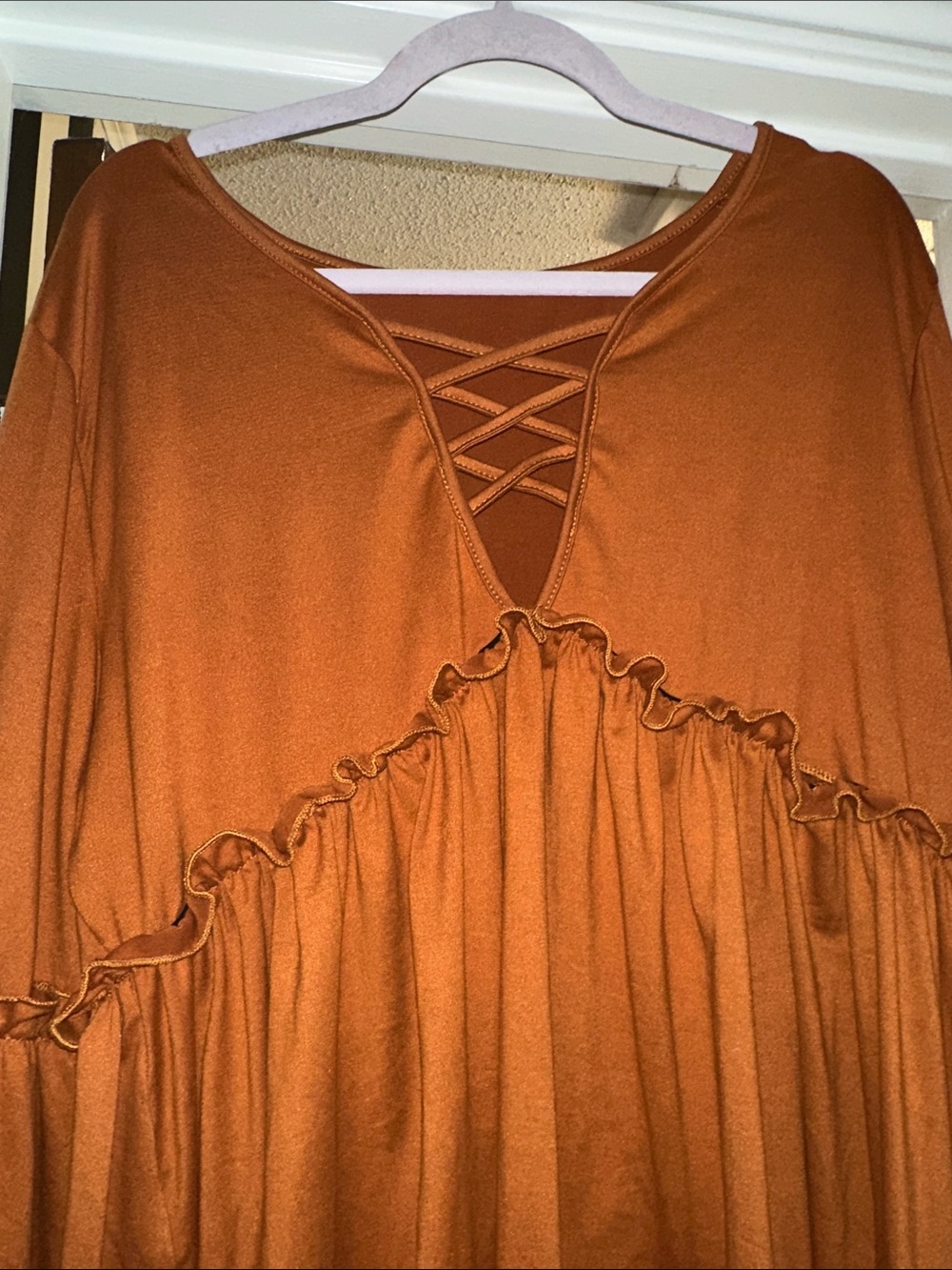 SHEIN Rust Lace-Up Ruffle Tiered Long Sleeve Tunic two x poly spandex 2x new - Picture 6 of 7